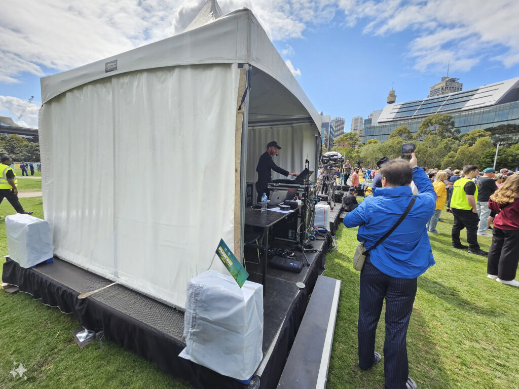 Pillingers Hiire marquee being used as a sound and lighting booth to manage the events on the main stage. 